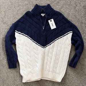 NWT STAUD Hampton Half Zip Cable Tunic Sweater, navy and white sz s